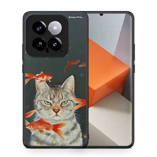 Θήκη Xiaomi 14 5G Cat Goldfish από τη Smartfits με σχέδιο στο πίσω μέρος και μαύρο περίβλημα | Xiaomi 14 5G Cat Goldfish case with colorful back and black bezels