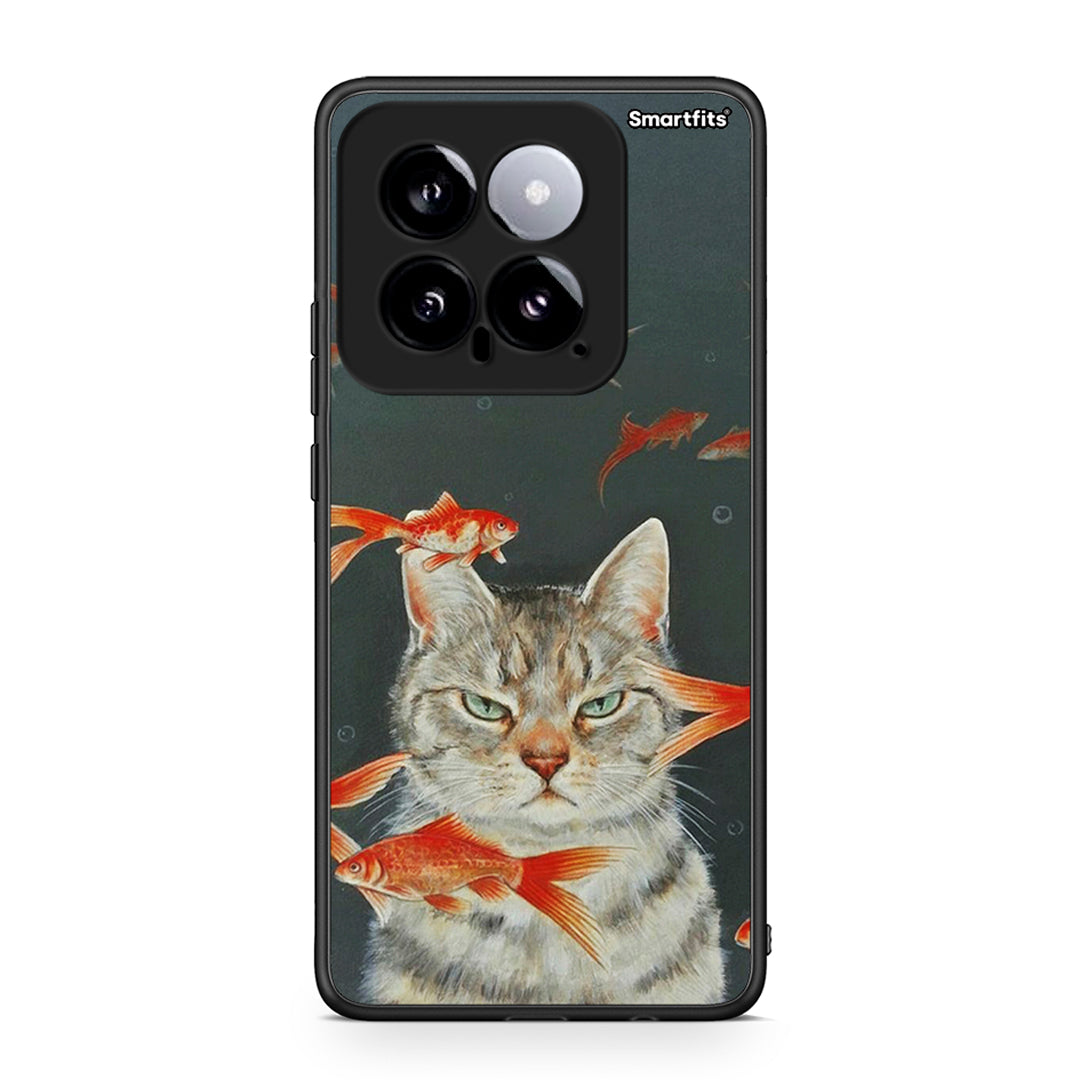 Xiaomi 14 5G Cat Goldfish θήκη από τη Smartfits με σχέδιο στο πίσω μέρος και μαύρο περίβλημα | Smartphone case with colorful back and black bezels by Smartfits