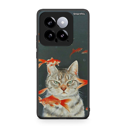 Xiaomi 14 5G Cat Goldfish θήκη από τη Smartfits με σχέδιο στο πίσω μέρος και μαύρο περίβλημα | Smartphone case with colorful back and black bezels by Smartfits