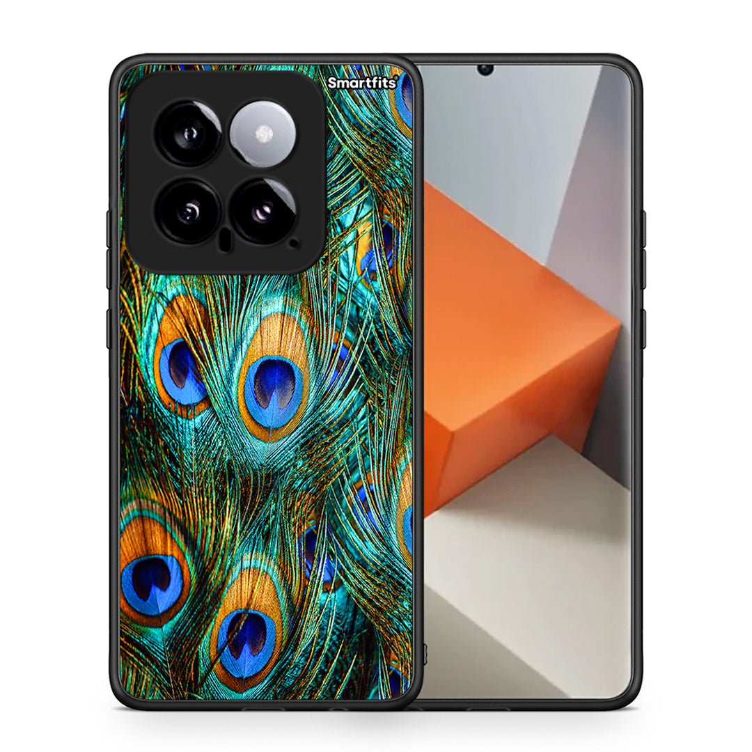 Θήκη Xiaomi 14 5G Real Peacock Feathers από τη Smartfits με σχέδιο στο πίσω μέρος και μαύρο περίβλημα | Xiaomi 14 5G Real Peacock Feathers case with colorful back and black bezels