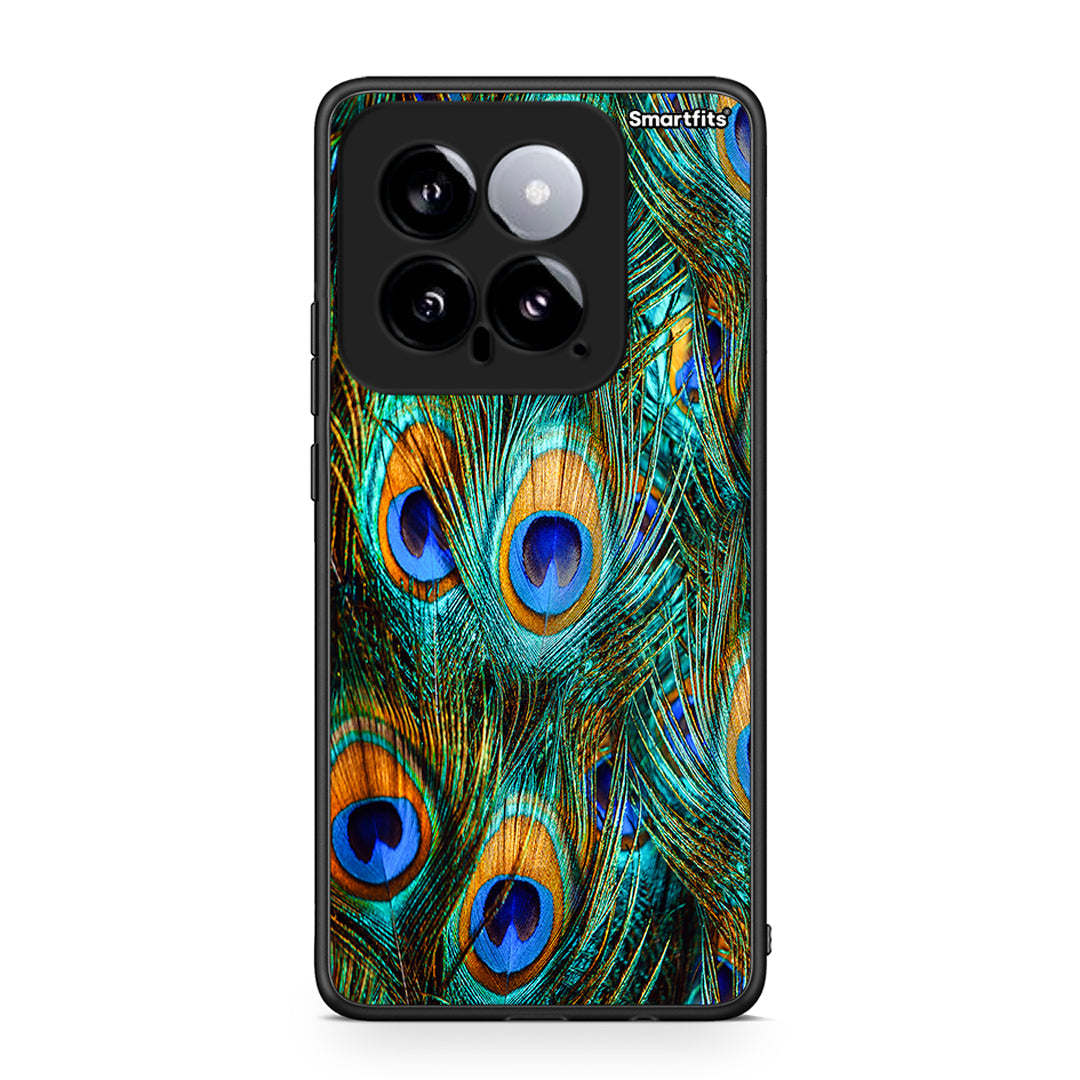 Xiaomi 14 5G Real Peacock Feathers θήκη από τη Smartfits με σχέδιο στο πίσω μέρος και μαύρο περίβλημα | Smartphone case with colorful back and black bezels by Smartfits
