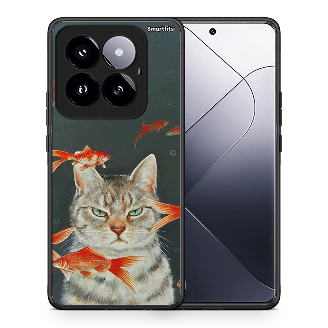 Θήκη Xiaomi 14 Pro 5G Cat Goldfish από τη Smartfits με σχέδιο στο πίσω μέρος και μαύρο περίβλημα | Xiaomi 14 Pro 5G Cat Goldfish case with colorful back and black bezels