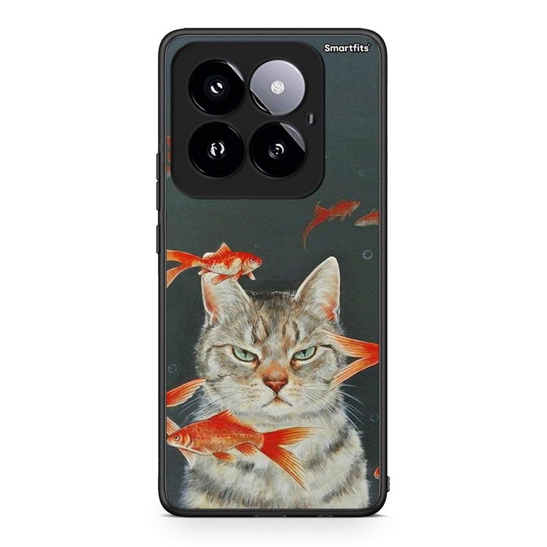 Xiaomi 14 Pro 5G Cat Goldfish θήκη από τη Smartfits με σχέδιο στο πίσω μέρος και μαύρο περίβλημα | Smartphone case with colorful back and black bezels by Smartfits