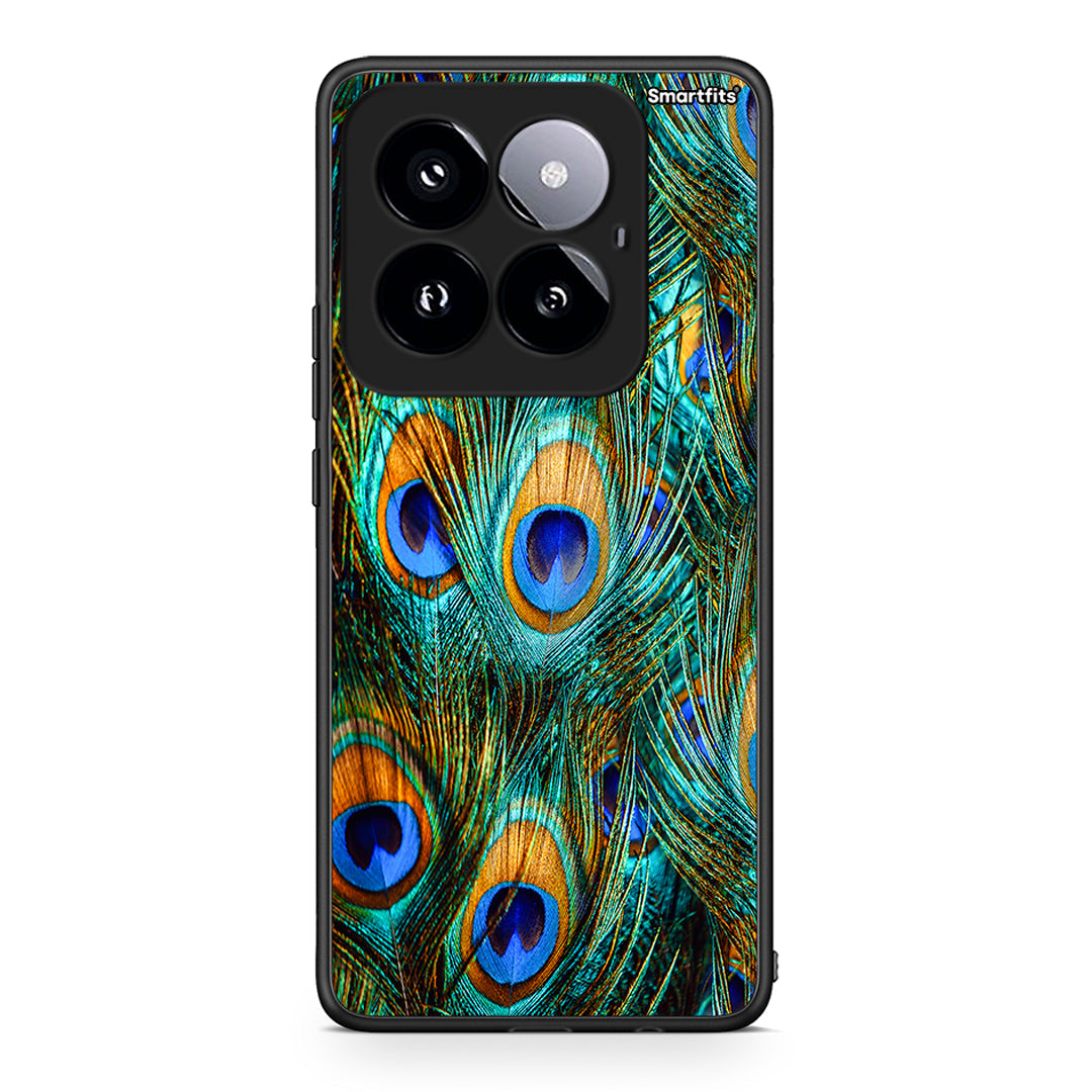 Xiaomi 14 Pro 5G Real Peacock Feathers θήκη από τη Smartfits με σχέδιο στο πίσω μέρος και μαύρο περίβλημα | Smartphone case with colorful back and black bezels by Smartfits