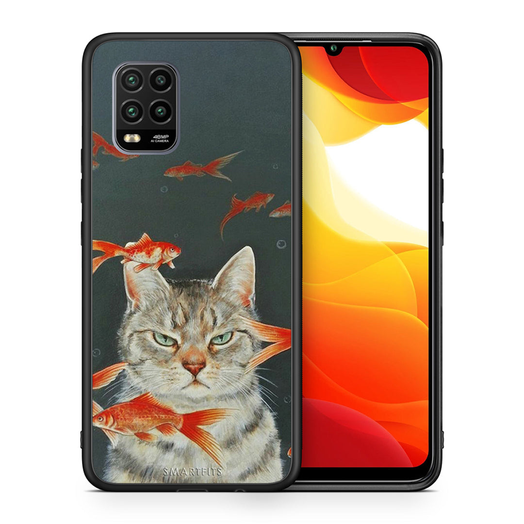 Θήκη Xiaomi Mi 10 Lite Cat Goldfish από τη Smartfits με σχέδιο στο πίσω μέρος και μαύρο περίβλημα | Xiaomi Mi 10 Lite Cat Goldfish case with colorful back and black bezels