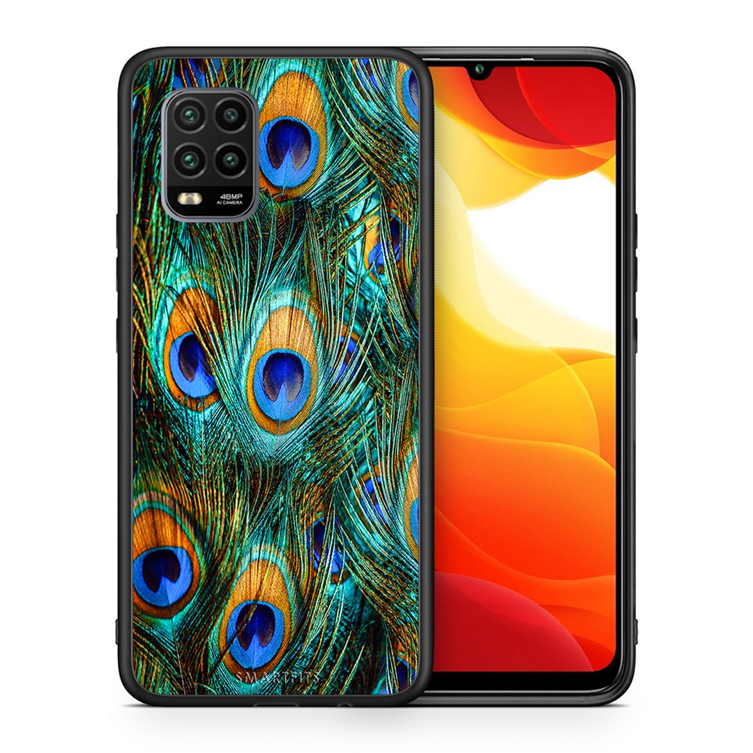Θήκη Xiaomi Mi 10 Lite Real Peacock Feathers από τη Smartfits με σχέδιο στο πίσω μέρος και μαύρο περίβλημα | Xiaomi Mi 10 Lite Real Peacock Feathers case with colorful back and black bezels