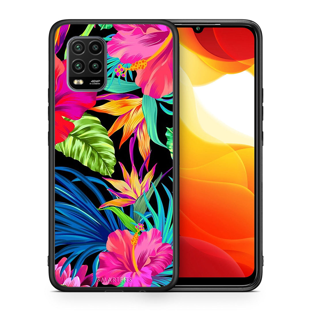 Θήκη Xiaomi Mi 10 Lite Tropical Flowers από τη Smartfits με σχέδιο στο πίσω μέρος και μαύρο περίβλημα | Xiaomi Mi 10 Lite Tropical Flowers case with colorful back and black bezels
