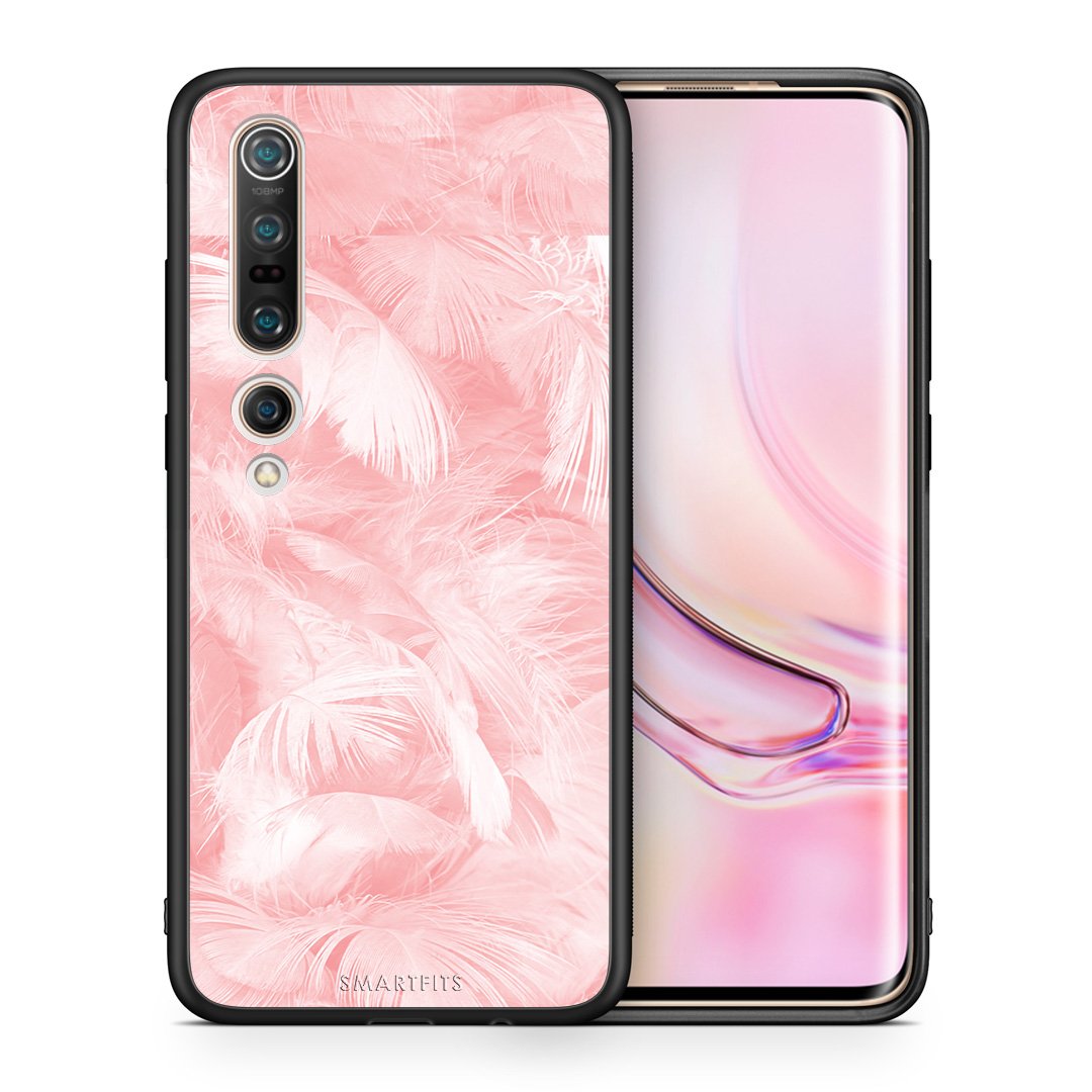Θήκη Xiaomi Mi 10 Pink Feather Boho από τη Smartfits με σχέδιο στο πίσω μέρος και μαύρο περίβλημα | Xiaomi Mi 10 Pink Feather Boho case with colorful back and black bezels