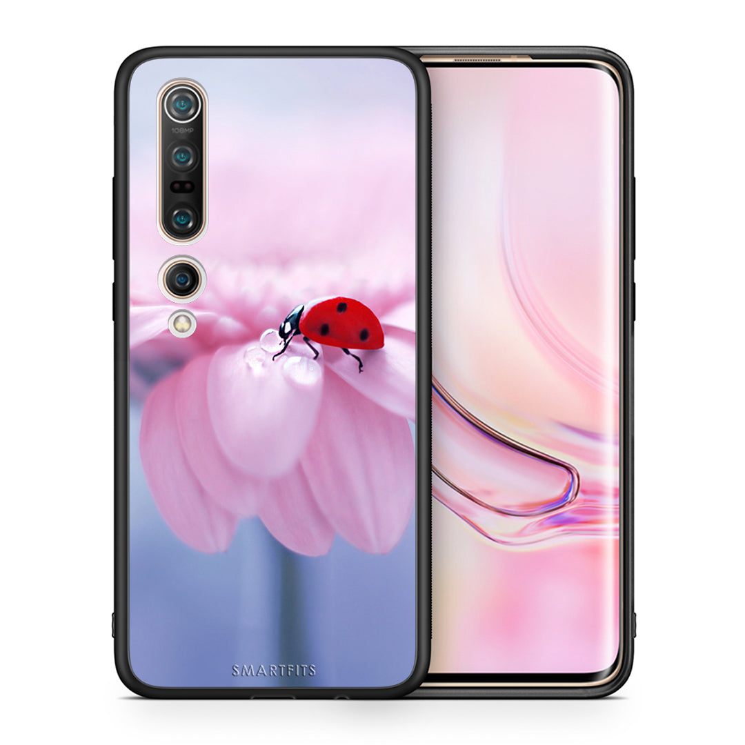 Θήκη Xiaomi Mi 10 Ladybug Flower από τη Smartfits με σχέδιο στο πίσω μέρος και μαύρο περίβλημα | Xiaomi Mi 10 Ladybug Flower case with colorful back and black bezels