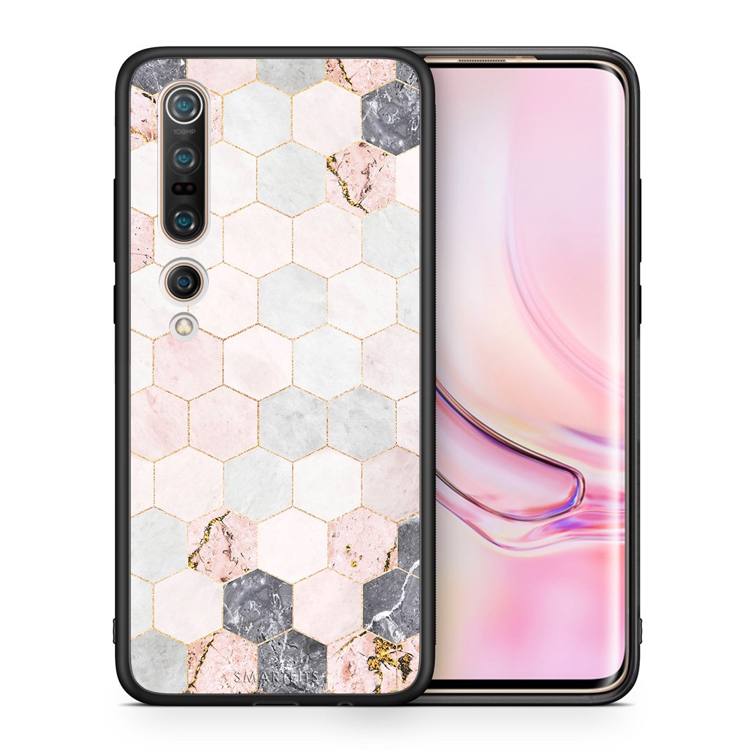 Θήκη Xiaomi Mi 10 Hexagon Pink Marble από τη Smartfits με σχέδιο στο πίσω μέρος και μαύρο περίβλημα | Xiaomi Mi 10 Hexagon Pink Marble case with colorful back and black bezels