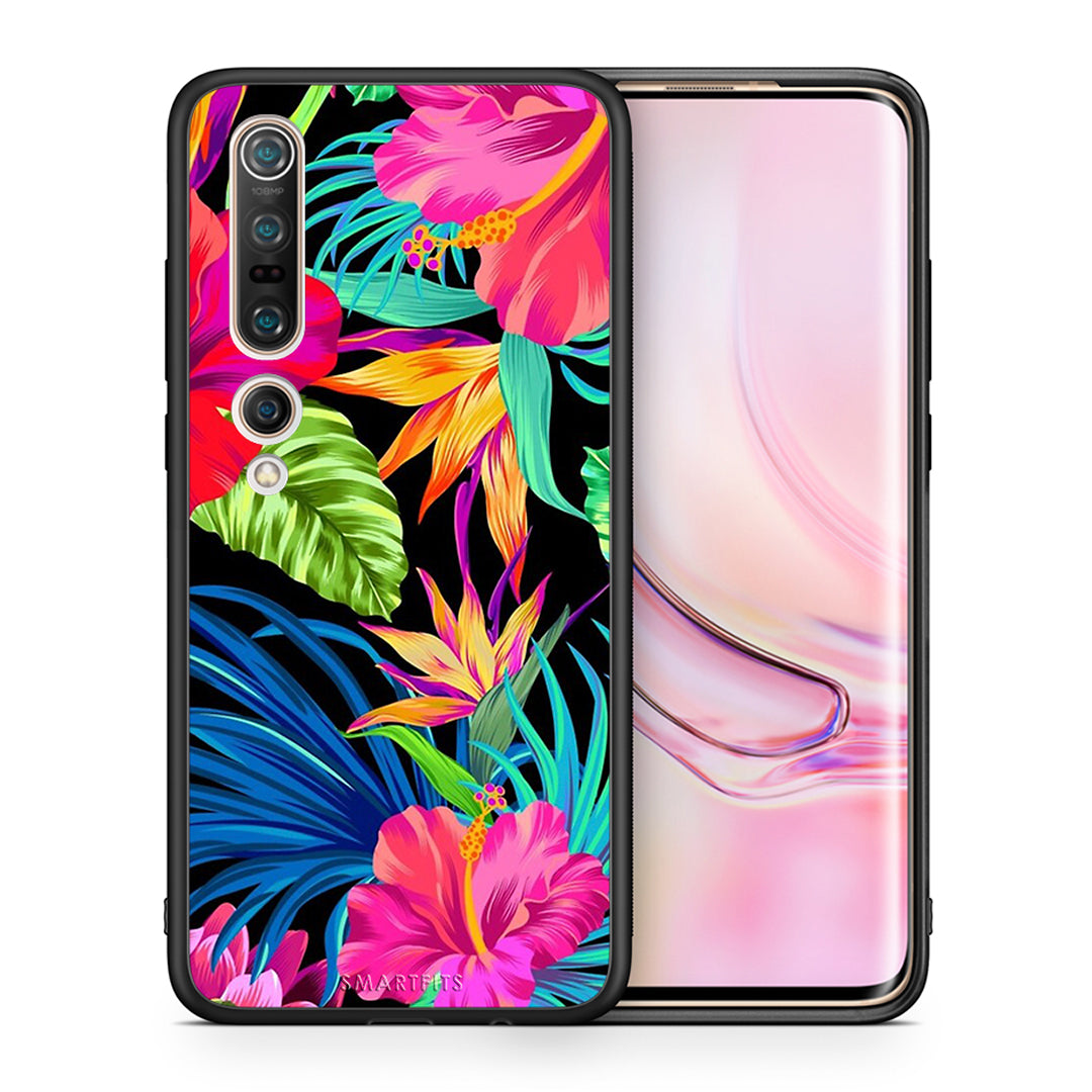 Θήκη Xiaomi Mi 10 Pro Tropical Flowers από τη Smartfits με σχέδιο στο πίσω μέρος και μαύρο περίβλημα | Xiaomi Mi 10 Pro Tropical Flowers case with colorful back and black bezels