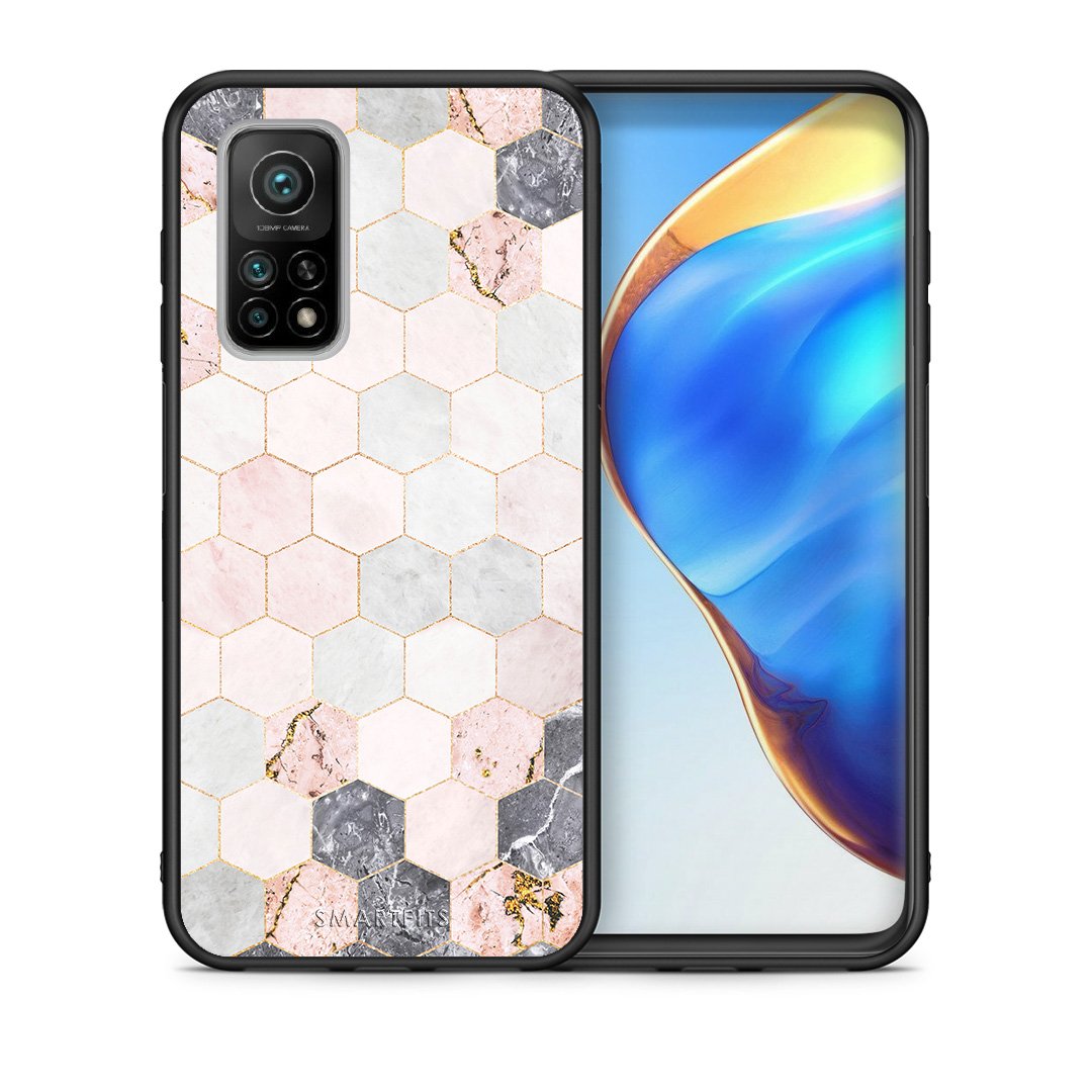Θήκη Xiaomi Mi 10T/10T Pro Hexagon Pink Marble από τη Smartfits με σχέδιο στο πίσω μέρος και μαύρο περίβλημα | Xiaomi Mi 10T/10T Pro Hexagon Pink Marble case with colorful back and black bezels