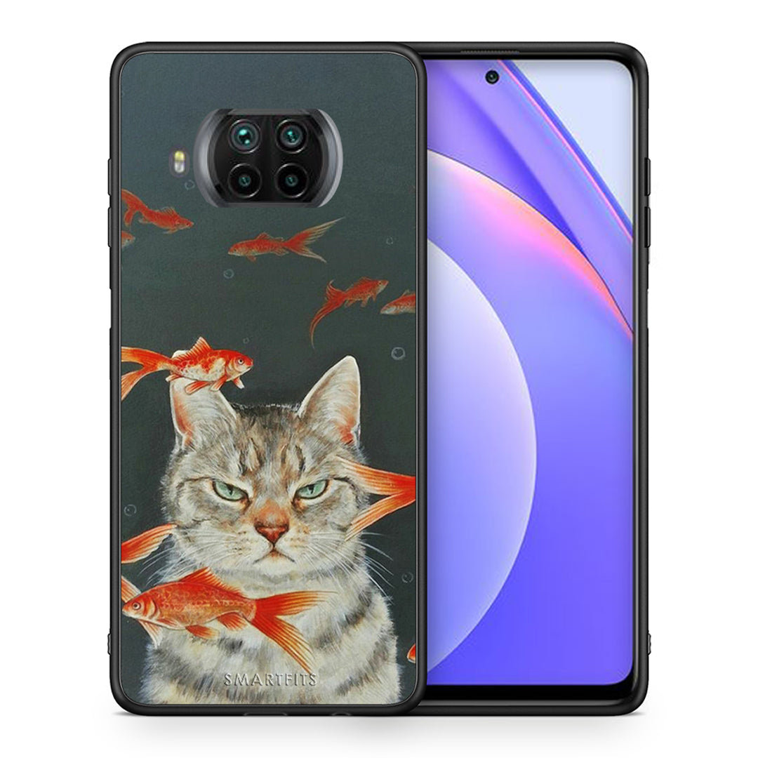 Θήκη Xiaomi Mi 10T Lite Cat Goldfish από τη Smartfits με σχέδιο στο πίσω μέρος και μαύρο περίβλημα | Xiaomi Mi 10T Lite Cat Goldfish case with colorful back and black bezels