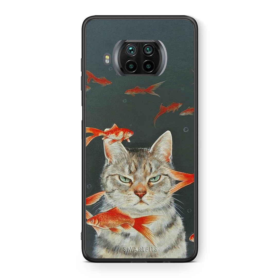 Θήκη Xiaomi Mi 10T Lite Cat Goldfish από τη Smartfits με σχέδιο στο πίσω μέρος και μαύρο περίβλημα | Xiaomi Mi 10T Lite Cat Goldfish case with colorful back and black bezels