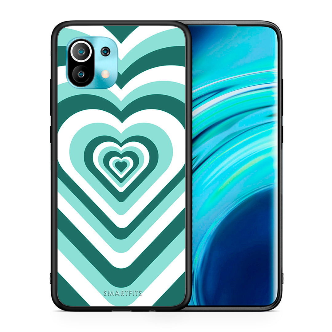 Θήκη Xiaomi Mi 11 Green Hearts από τη Smartfits με σχέδιο στο πίσω μέρος και μαύρο περίβλημα | Xiaomi Mi 11 Green Hearts case with colorful back and black bezels