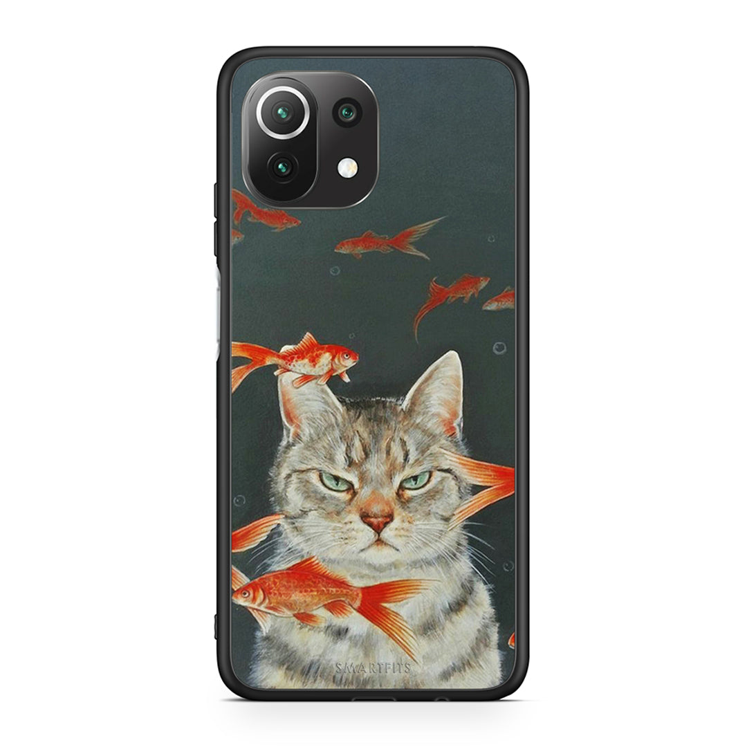 Xiaomi 11 Lite/Mi 11 Lite Cat Goldfish θήκη από τη Smartfits με σχέδιο στο πίσω μέρος και μαύρο περίβλημα | Smartphone case with colorful back and black bezels by Smartfits