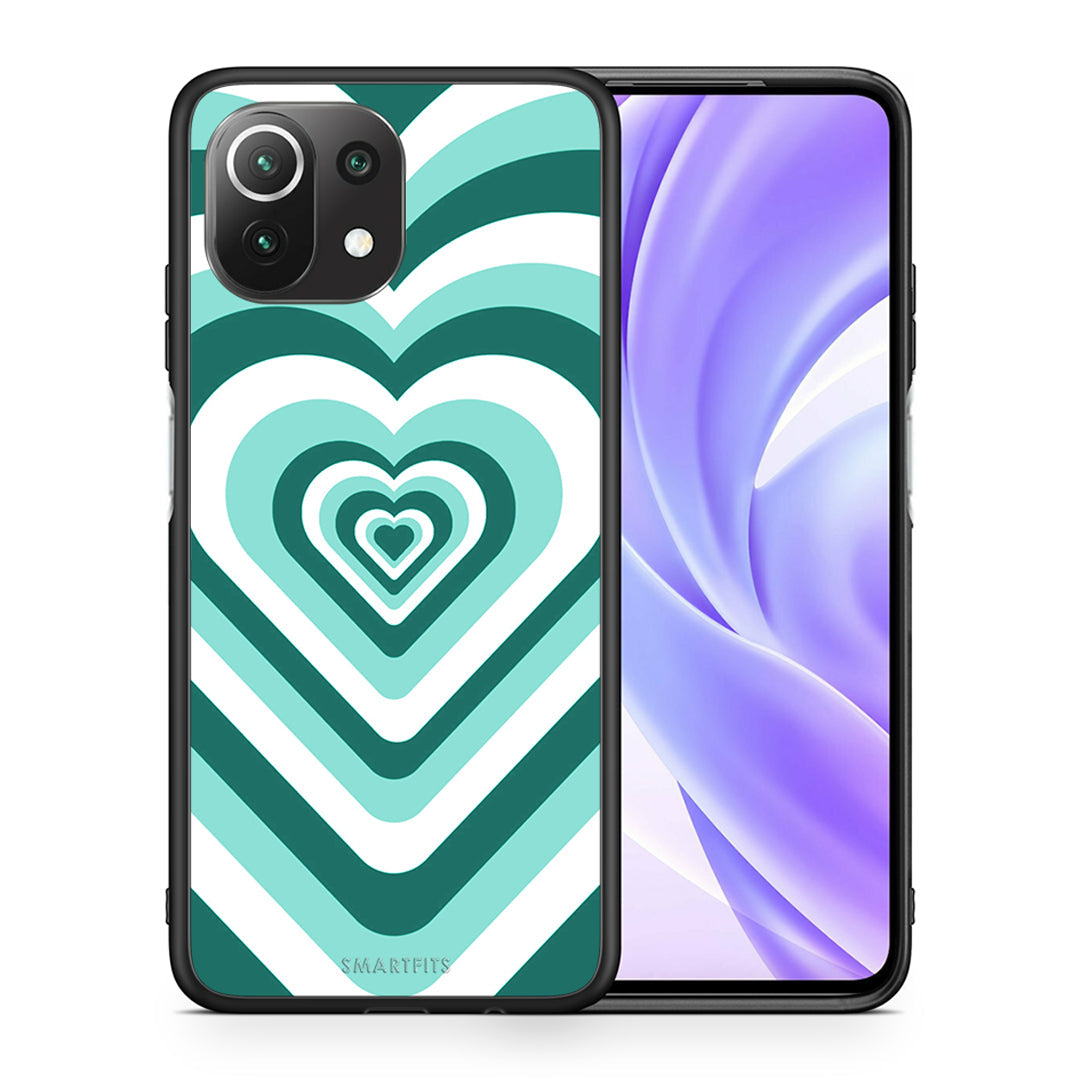 Θήκη Xiaomi 11 Lite/Mi 11 Lite Green Hearts από τη Smartfits με σχέδιο στο πίσω μέρος και μαύρο περίβλημα | Xiaomi 11 Lite/Mi 11 Lite Green Hearts case with colorful back and black bezels