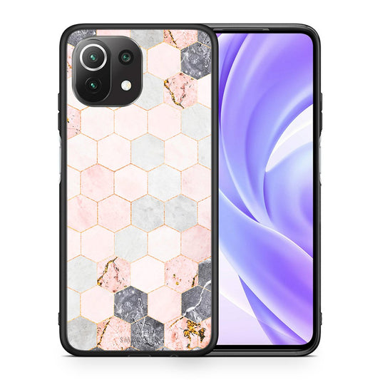 Θήκη Xiaomi 11 Lite/Mi 11 Lite Hexagon Pink Marble από τη Smartfits με σχέδιο στο πίσω μέρος και μαύρο περίβλημα | Xiaomi 11 Lite/Mi 11 Lite Hexagon Pink Marble case with colorful back and black bezels