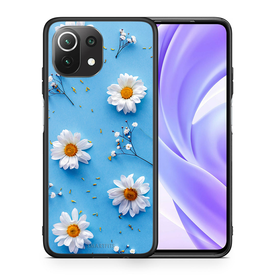 Θήκη Xiaomi 11 Lite/Mi 11 Lite Real Daisies από τη Smartfits με σχέδιο στο πίσω μέρος και μαύρο περίβλημα | Xiaomi 11 Lite/Mi 11 Lite Real Daisies case with colorful back and black bezels