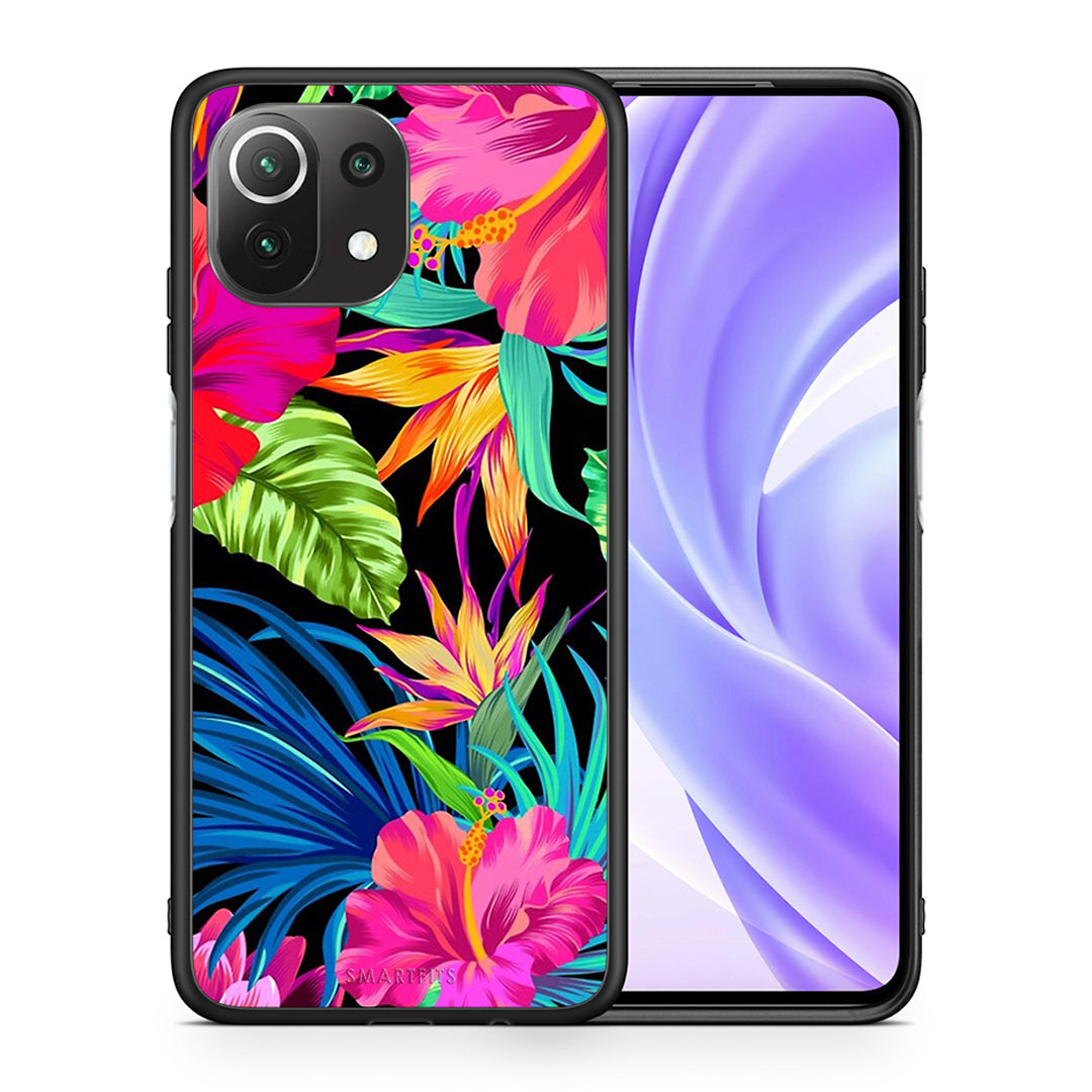 Θήκη Xiaomi 11 Lite/Mi 11 Lite Tropical Flowers από τη Smartfits με σχέδιο στο πίσω μέρος και μαύρο περίβλημα | Xiaomi 11 Lite/Mi 11 Lite Tropical Flowers case with colorful back and black bezels