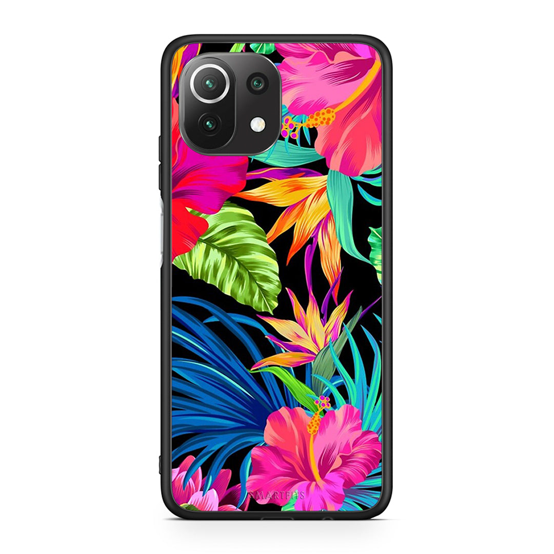 Xiaomi 11 Lite/Mi 11 Lite Tropical Flowers θήκη από τη Smartfits με σχέδιο στο πίσω μέρος και μαύρο περίβλημα | Smartphone case with colorful back and black bezels by Smartfits