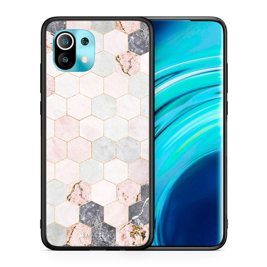 Θήκη Xiaomi Mi 11 Hexagon Pink Marble από τη Smartfits με σχέδιο στο πίσω μέρος και μαύρο περίβλημα | Xiaomi Mi 11 Hexagon Pink Marble case with colorful back and black bezels