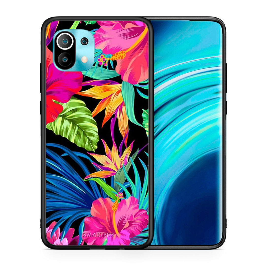 Θήκη Xiaomi Mi 11 Tropical Flowers από τη Smartfits με σχέδιο στο πίσω μέρος και μαύρο περίβλημα | Xiaomi Mi 11 Tropical Flowers case with colorful back and black bezels