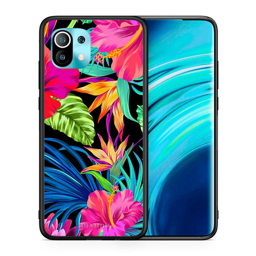 Θήκη Xiaomi Mi 11 Tropical Flowers από τη Smartfits με σχέδιο στο πίσω μέρος και μαύρο περίβλημα | Xiaomi Mi 11 Tropical Flowers case with colorful back and black bezels