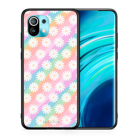 Θήκη Xiaomi Mi 11 White Daisies από τη Smartfits με σχέδιο στο πίσω μέρος και μαύρο περίβλημα | Xiaomi Mi 11 White Daisies case with colorful back and black bezels