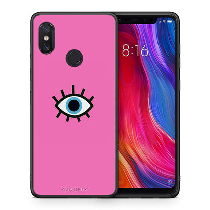 Θήκη Xiaomi Mi 8 Blue Eye Pink από τη Smartfits με σχέδιο στο πίσω μέρος και μαύρο περίβλημα | Xiaomi Mi 8 Blue Eye Pink case with colorful back and black bezels