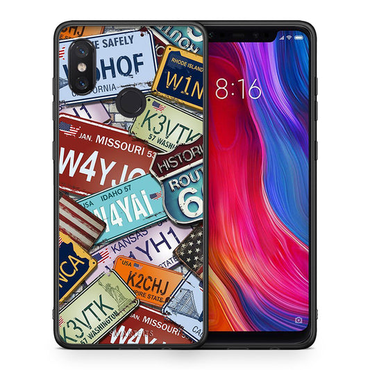 Θήκη Xiaomi Mi 8 Car Plates από τη Smartfits με σχέδιο στο πίσω μέρος και μαύρο περίβλημα | Xiaomi Mi 8 Car Plates case with colorful back and black bezels