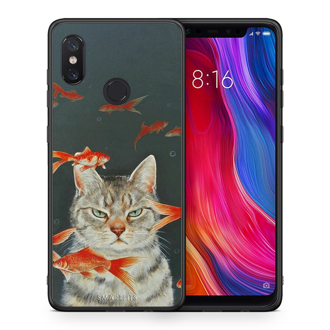 Θήκη Xiaomi Mi 8 Cat Goldfish από τη Smartfits με σχέδιο στο πίσω μέρος και μαύρο περίβλημα | Xiaomi Mi 8 Cat Goldfish case with colorful back and black bezels