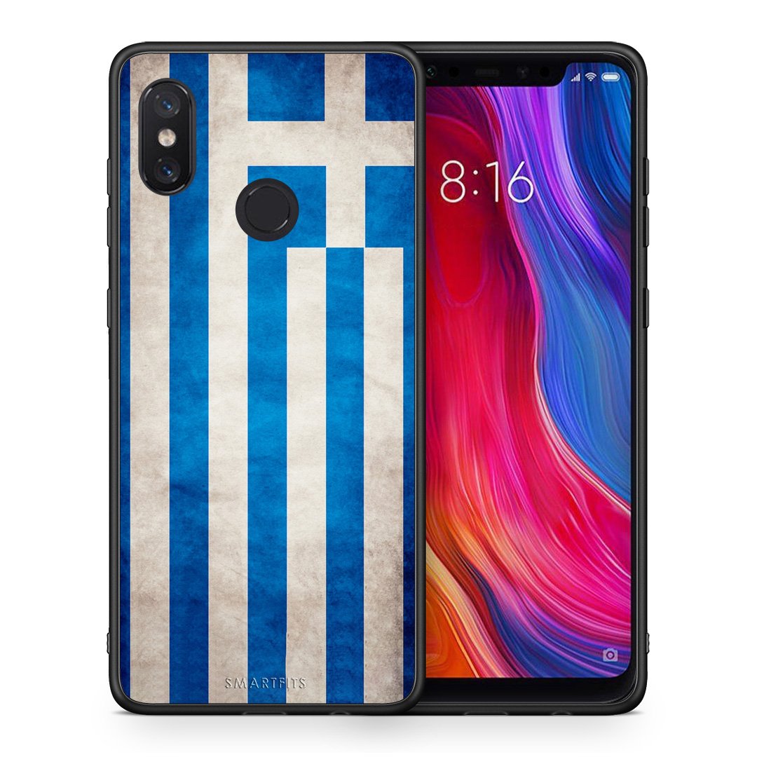 Θήκη Xiaomi Mi 8 Greek Flag από τη Smartfits με σχέδιο στο πίσω μέρος και μαύρο περίβλημα | Xiaomi Mi 8 Greek Flag case with colorful back and black bezels