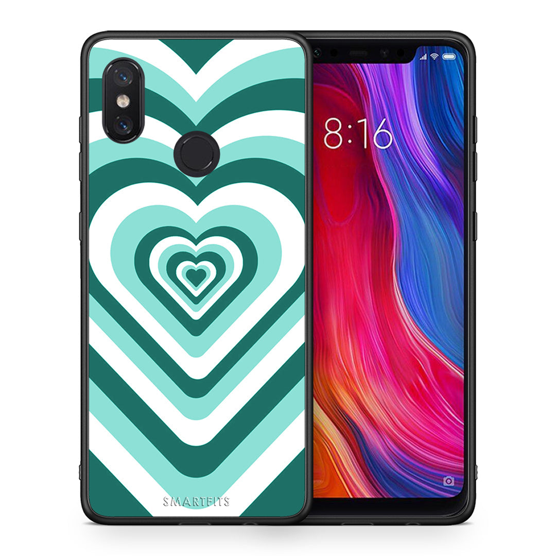 Θήκη Xiaomi Mi 8 Green Hearts από τη Smartfits με σχέδιο στο πίσω μέρος και μαύρο περίβλημα | Xiaomi Mi 8 Green Hearts case with colorful back and black bezels
