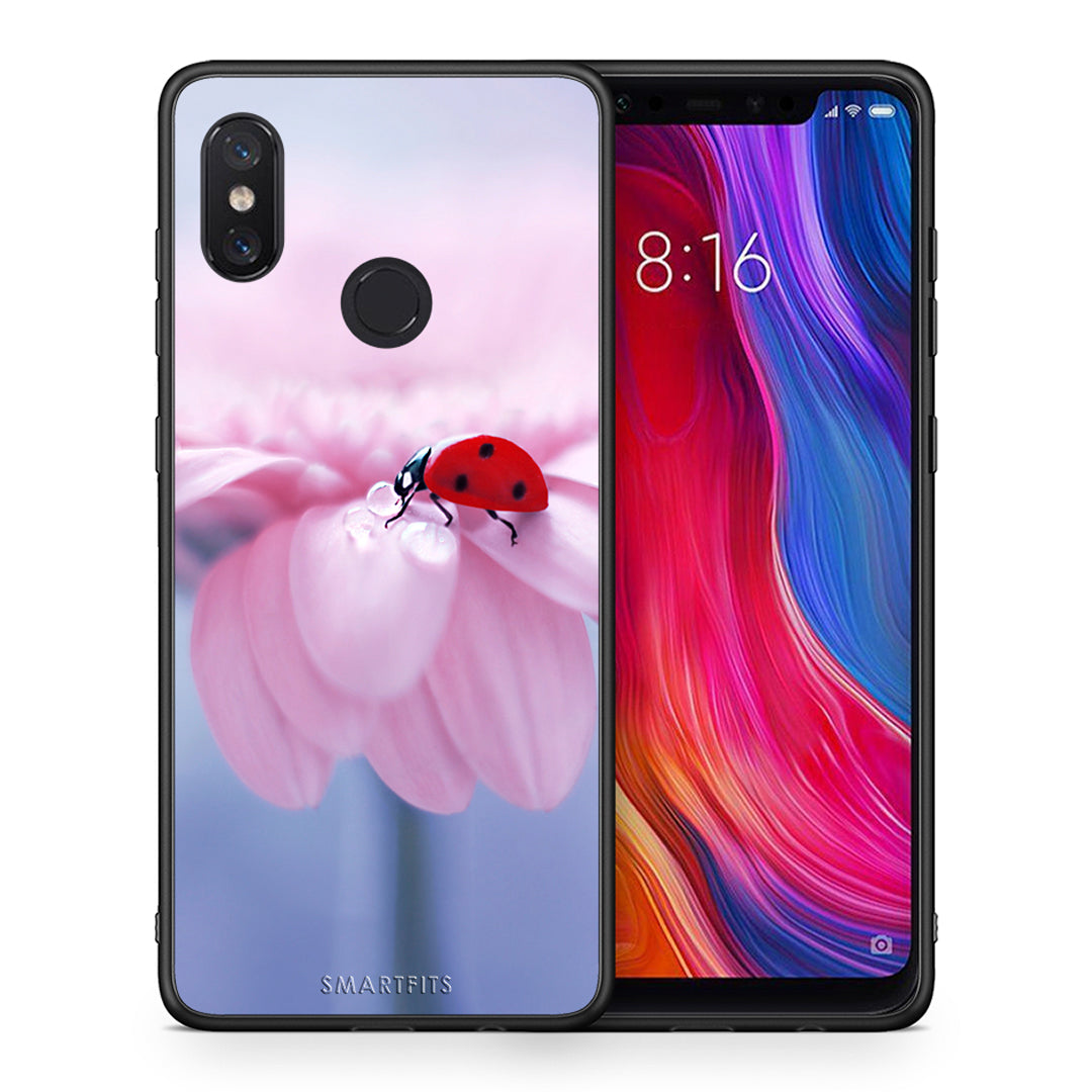 Θήκη Xiaomi Mi 8 Ladybug Flower από τη Smartfits με σχέδιο στο πίσω μέρος και μαύρο περίβλημα | Xiaomi Mi 8 Ladybug Flower case with colorful back and black bezels