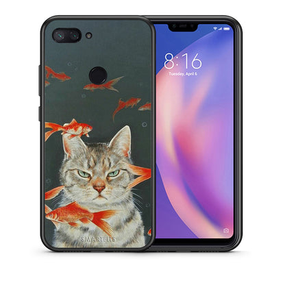 Θήκη Xiaomi Mi 8 Lite Cat Goldfish από τη Smartfits με σχέδιο στο πίσω μέρος και μαύρο περίβλημα | Xiaomi Mi 8 Lite Cat Goldfish case with colorful back and black bezels