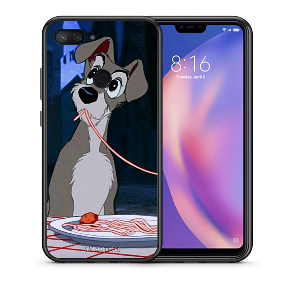 Θήκη Αγίου Βαλεντίνου Xiaomi Mi 8 Lite Lady And Tramp 1 από τη Smartfits με σχέδιο στο πίσω μέρος και μαύρο περίβλημα | Xiaomi Mi 8 Lite Lady And Tramp 1 case with colorful back and black bezels