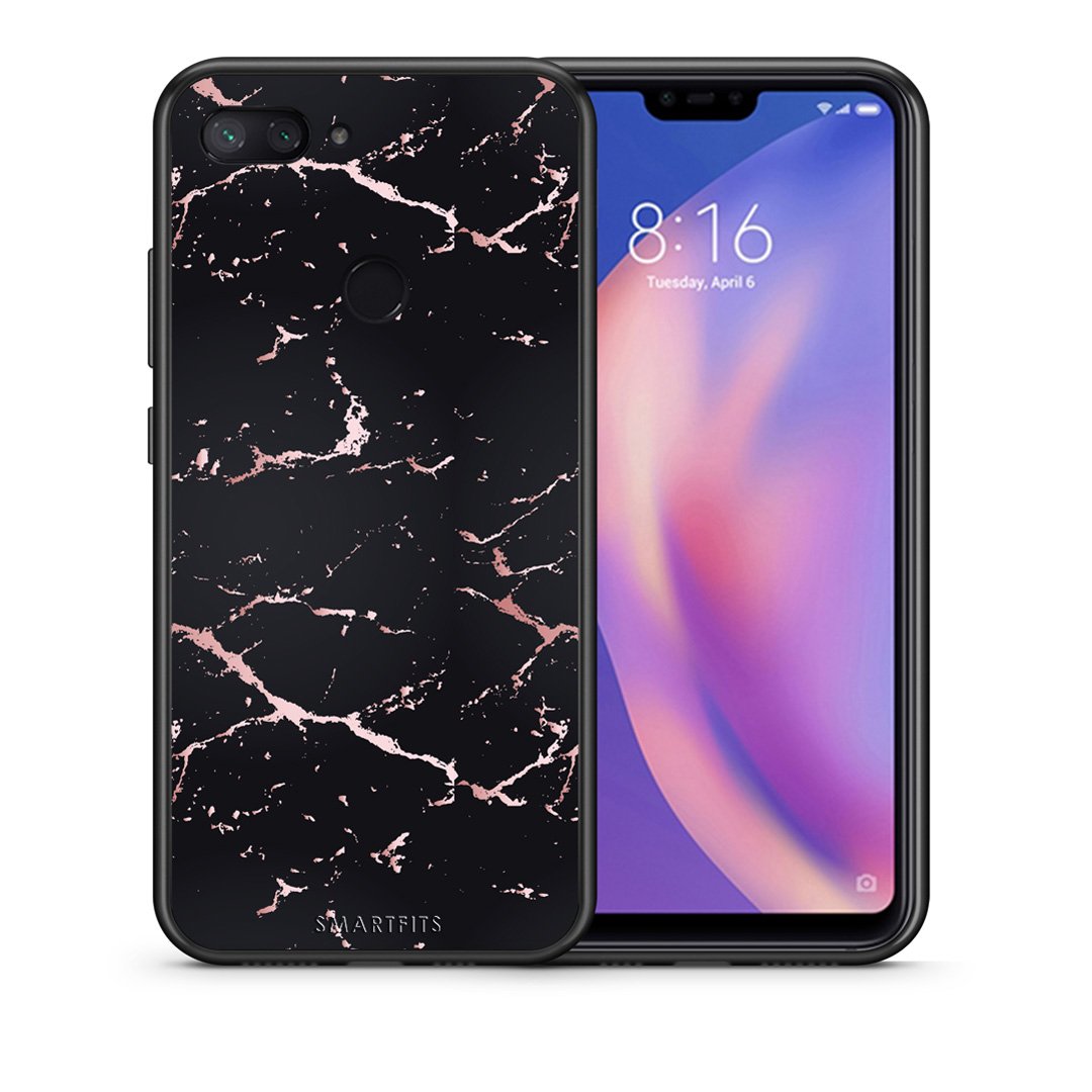 Θήκη Xiaomi Mi 8 Lite Black Rosegold Marble από τη Smartfits με σχέδιο στο πίσω μέρος και μαύρο περίβλημα | Xiaomi Mi 8 Lite Black Rosegold Marble case with colorful back and black bezels