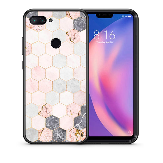 Θήκη Xiaomi Mi 8 Lite Hexagon Pink Marble από τη Smartfits με σχέδιο στο πίσω μέρος και μαύρο περίβλημα | Xiaomi Mi 8 Lite Hexagon Pink Marble case with colorful back and black bezels