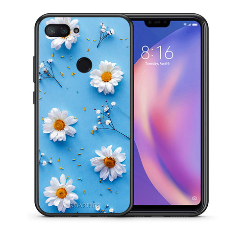 Θήκη Xiaomi Mi 8 Lite Real Daisies από τη Smartfits με σχέδιο στο πίσω μέρος και μαύρο περίβλημα | Xiaomi Mi 8 Lite Real Daisies case with colorful back and black bezels