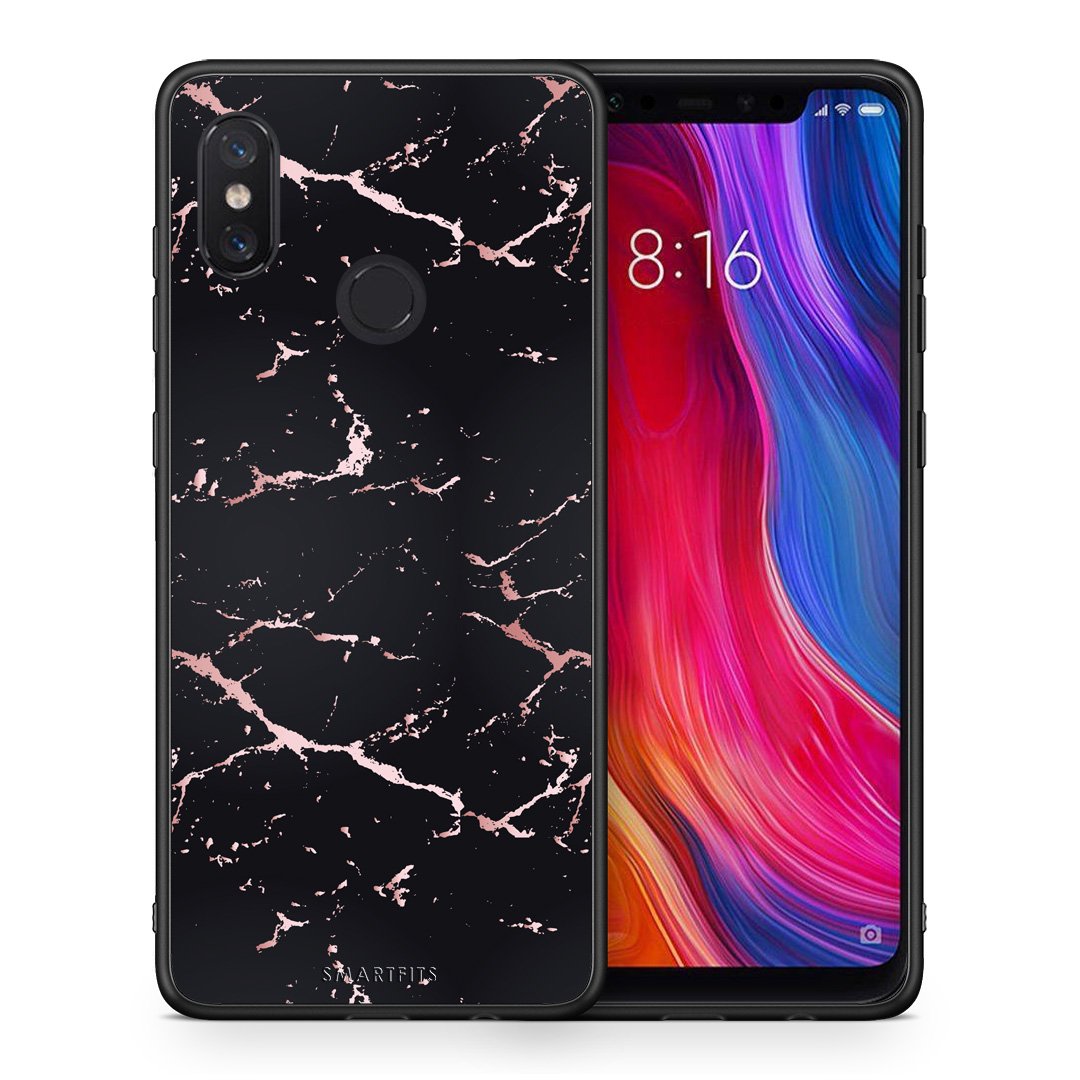 Θήκη Xiaomi Mi 8 Black Rosegold Marble από τη Smartfits με σχέδιο στο πίσω μέρος και μαύρο περίβλημα | Xiaomi Mi 8 Black Rosegold Marble case with colorful back and black bezels