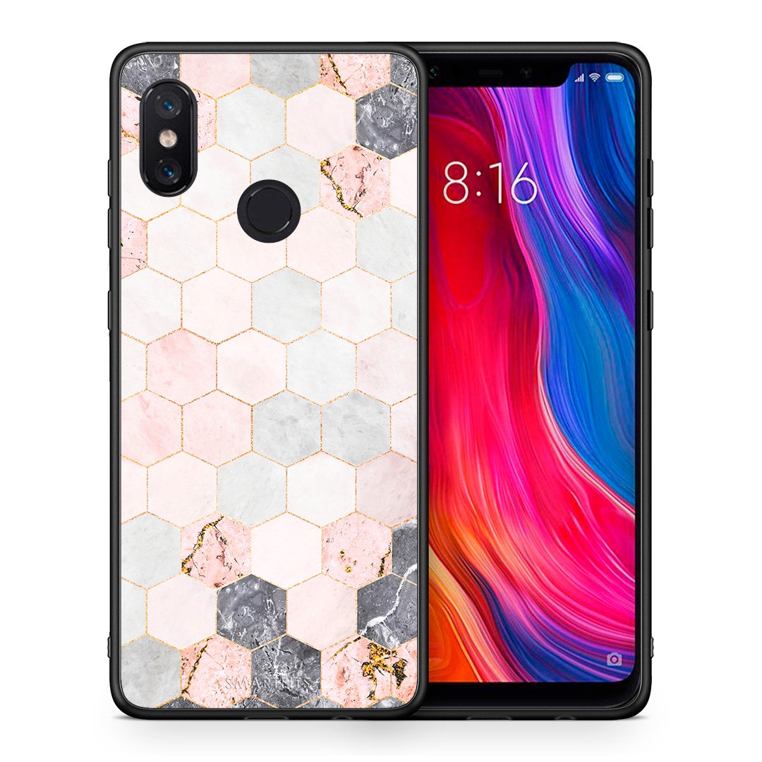 Θήκη Xiaomi Mi 8 Hexagon Pink Marble από τη Smartfits με σχέδιο στο πίσω μέρος και μαύρο περίβλημα | Xiaomi Mi 8 Hexagon Pink Marble case with colorful back and black bezels