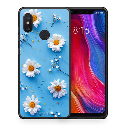 Θήκη Xiaomi Mi 8 Real Daisies από τη Smartfits με σχέδιο στο πίσω μέρος και μαύρο περίβλημα | Xiaomi Mi 8 Real Daisies case with colorful back and black bezels