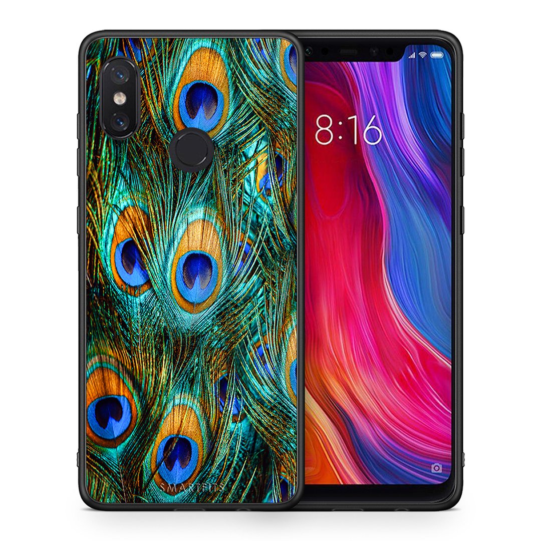 Θήκη Xiaomi Mi 8 Real Peacock Feathers από τη Smartfits με σχέδιο στο πίσω μέρος και μαύρο περίβλημα | Xiaomi Mi 8 Real Peacock Feathers case with colorful back and black bezels
