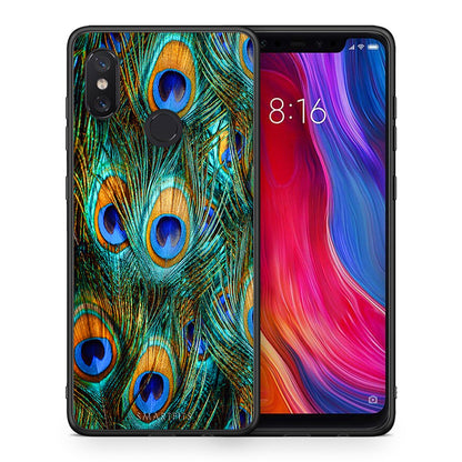 Θήκη Xiaomi Mi 8 Real Peacock Feathers από τη Smartfits με σχέδιο στο πίσω μέρος και μαύρο περίβλημα | Xiaomi Mi 8 Real Peacock Feathers case with colorful back and black bezels