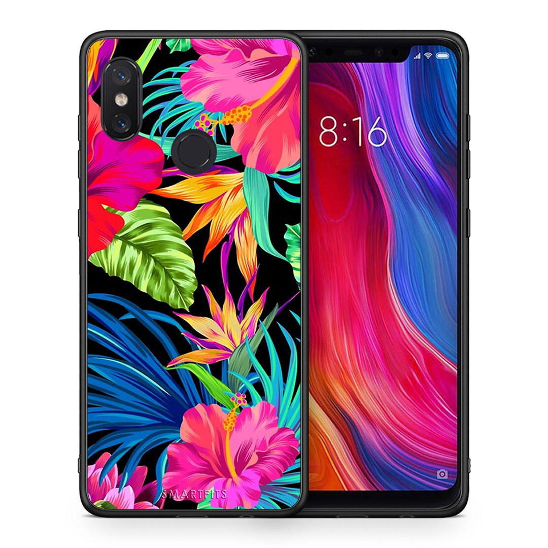 Θήκη Xiaomi Mi 8 Tropical Flowers από τη Smartfits με σχέδιο στο πίσω μέρος και μαύρο περίβλημα | Xiaomi Mi 8 Tropical Flowers case with colorful back and black bezels