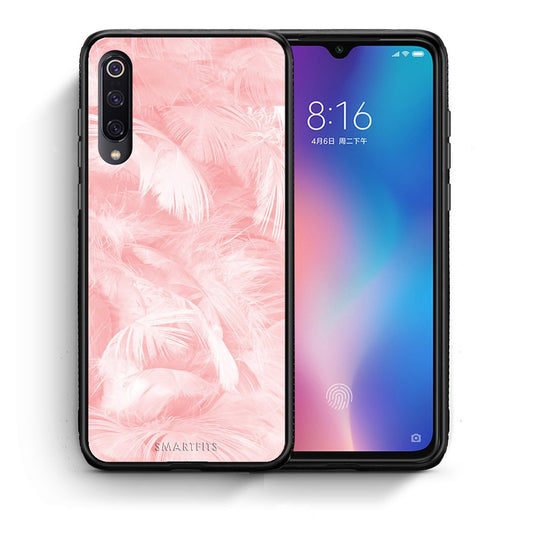 Θήκη Xiaomi Mi 9 Pink Feather Boho από τη Smartfits με σχέδιο στο πίσω μέρος και μαύρο περίβλημα | Xiaomi Mi 9 Pink Feather Boho case with colorful back and black bezels