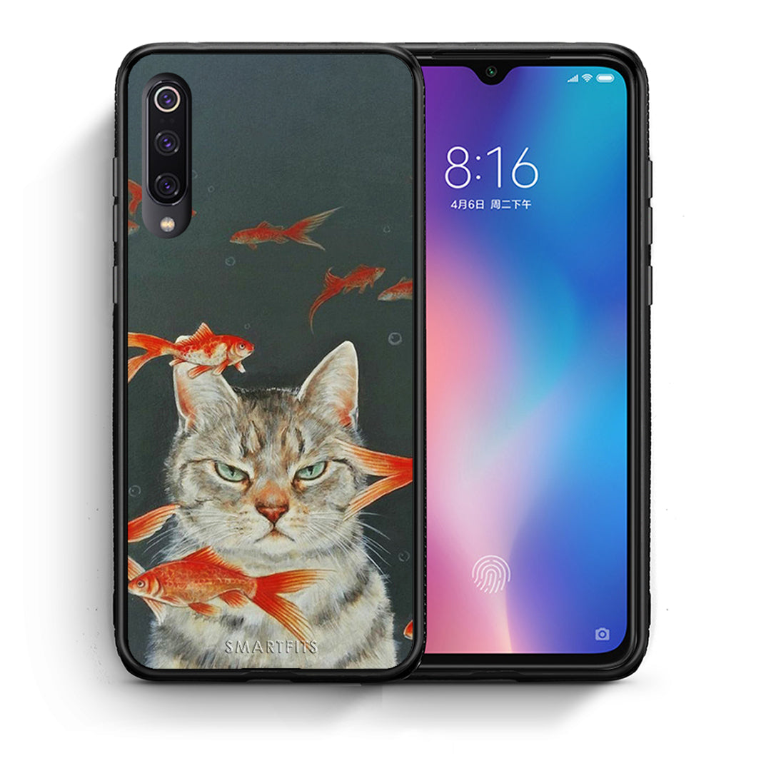 Θήκη Xiaomi Mi 9 Cat Goldfish από τη Smartfits με σχέδιο στο πίσω μέρος και μαύρο περίβλημα | Xiaomi Mi 9 Cat Goldfish case with colorful back and black bezels