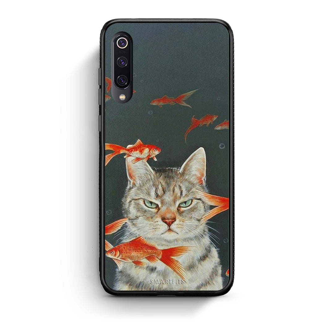 Xiaomi Mi 9 Cat Goldfish θήκη από τη Smartfits με σχέδιο στο πίσω μέρος και μαύρο περίβλημα | Smartphone case with colorful back and black bezels by Smartfits