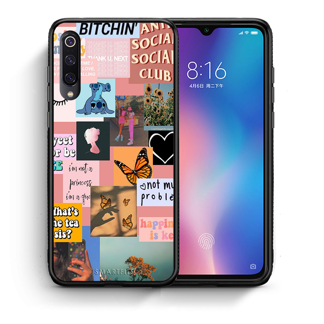 Θήκη Αγίου Βαλεντίνου Xiaomi Mi 9 Collage Bitchin από τη Smartfits με σχέδιο στο πίσω μέρος και μαύρο περίβλημα | Xiaomi Mi 9 Collage Bitchin case with colorful back and black bezels